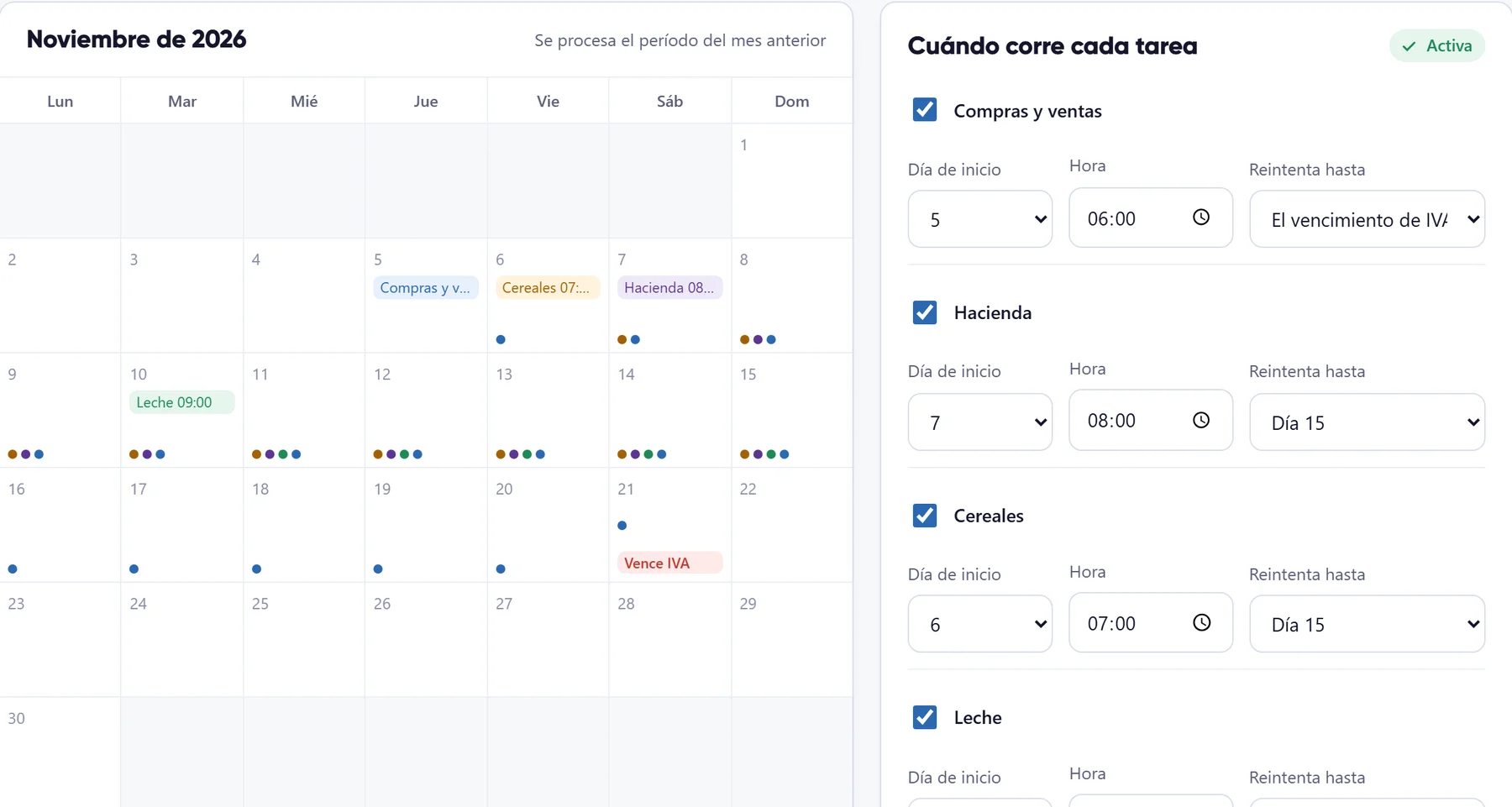 Agenda de un cliente: calendario del mes y horario de cada proceso.